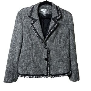 Draper's & Damon's tweed blazer jacket women's 14 Black White fringe trim career
